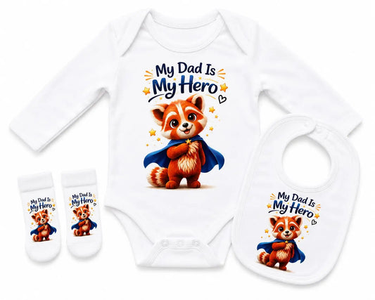 Castino® My Dad Is My Hero Baby Gift Set – 3 Piece Bodysuit Bib & Socks