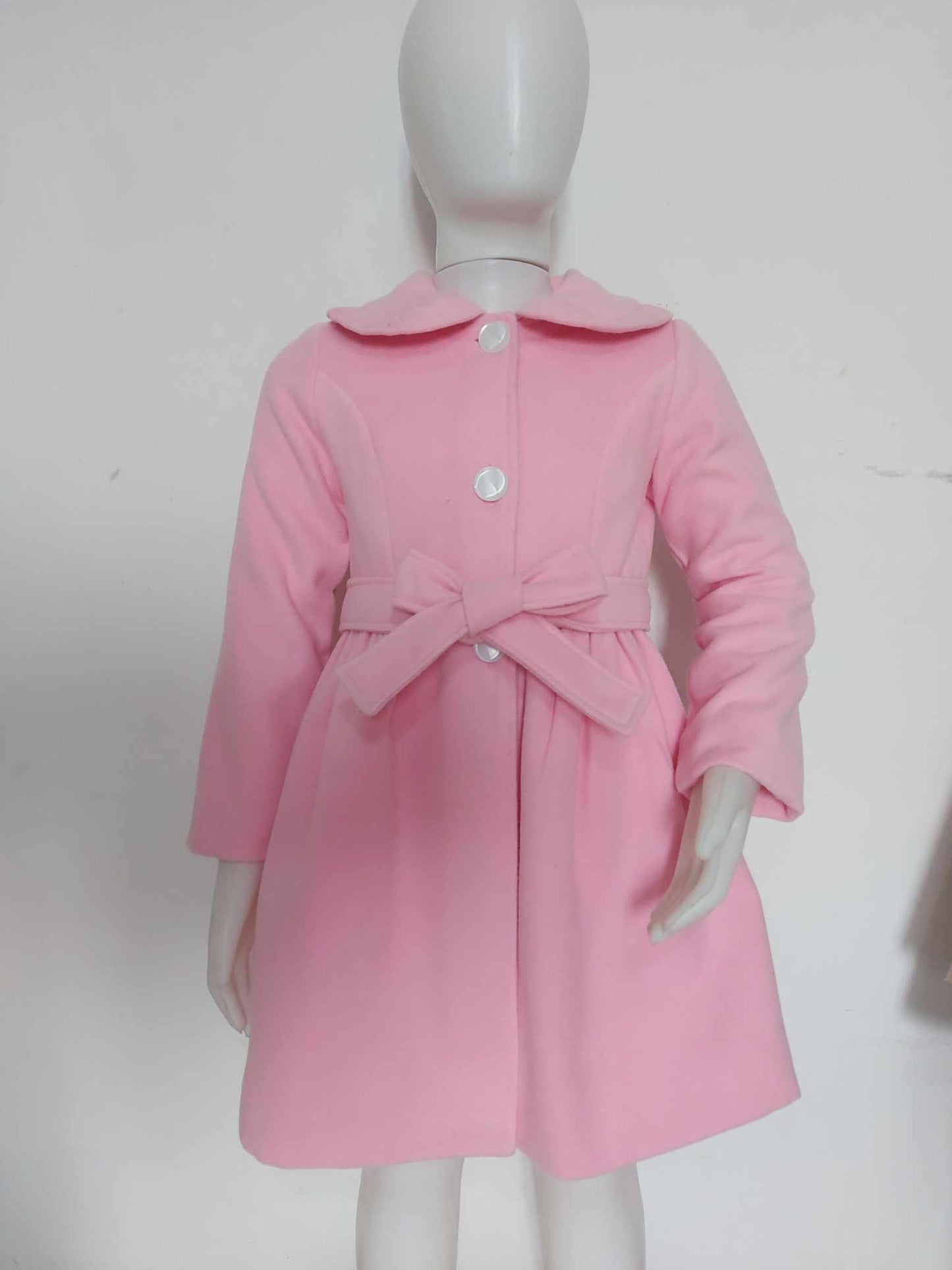 Elegant Pink Girls’ Coat with Classic Collar and Waist Bow Detail