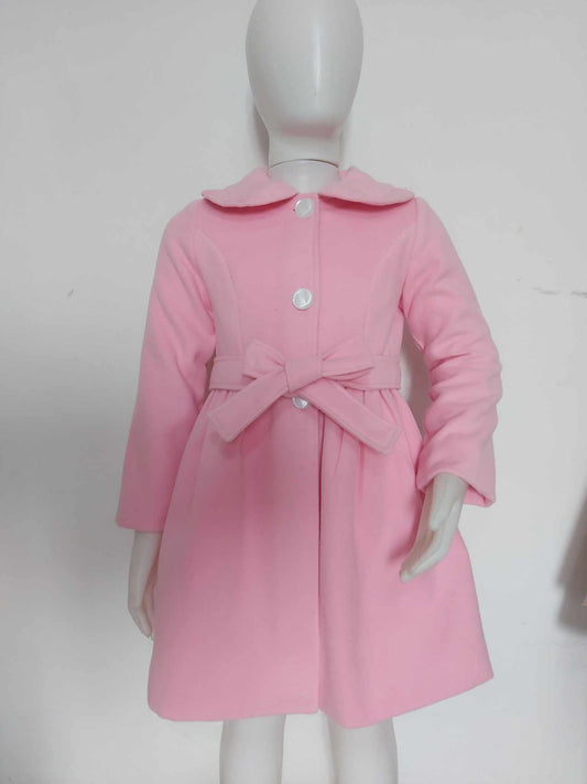 Elegant Pink Girls’ Coat with Classic Collar and Waist Bow Detail