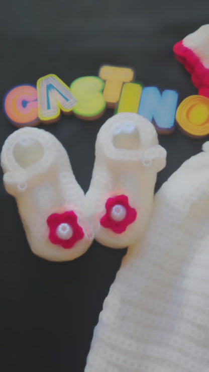 My First Birthday Crochet Dress Set with Matching Booties – Elegant Handmade Celebration Outfit