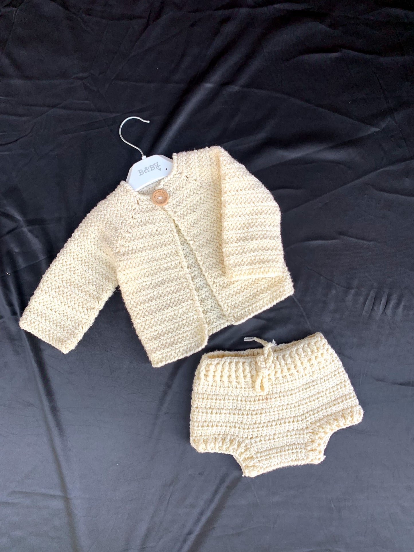 Handcrafted Baby Two-Piece Crochet Set – Soft Milk Cotton Cardigan and Shorts
