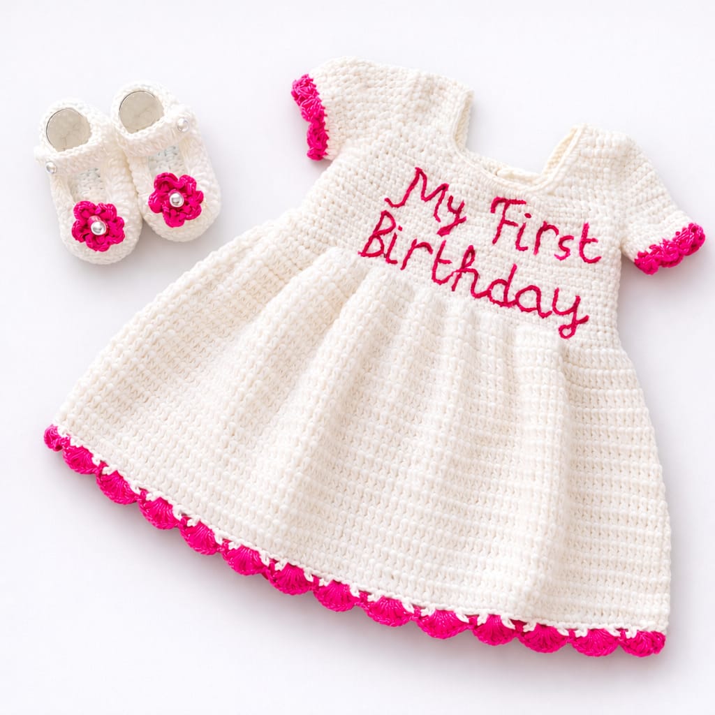 My First Birthday Crochet Dress Set – Handmade Girls Birthday Outfit