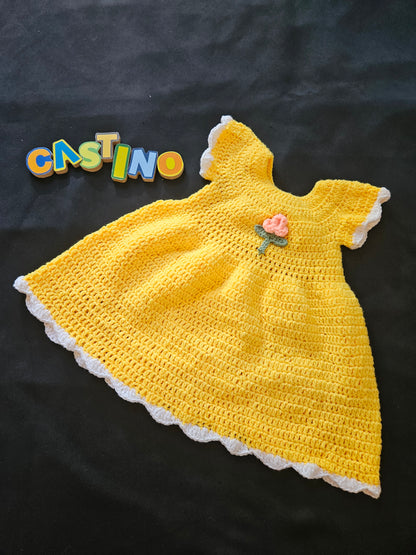 Handmade Yellow Crochet Baby Dress with Floral Detail