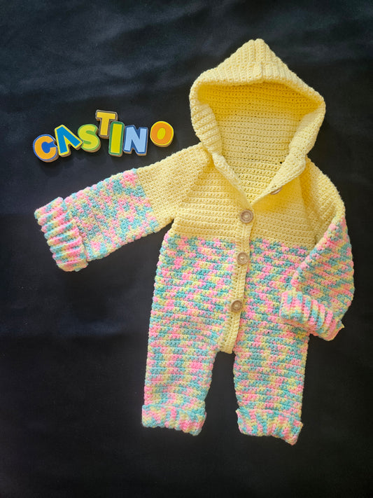Hand-Crocheted Baby Romper with Hood in Soft Pastel Colors by Castino