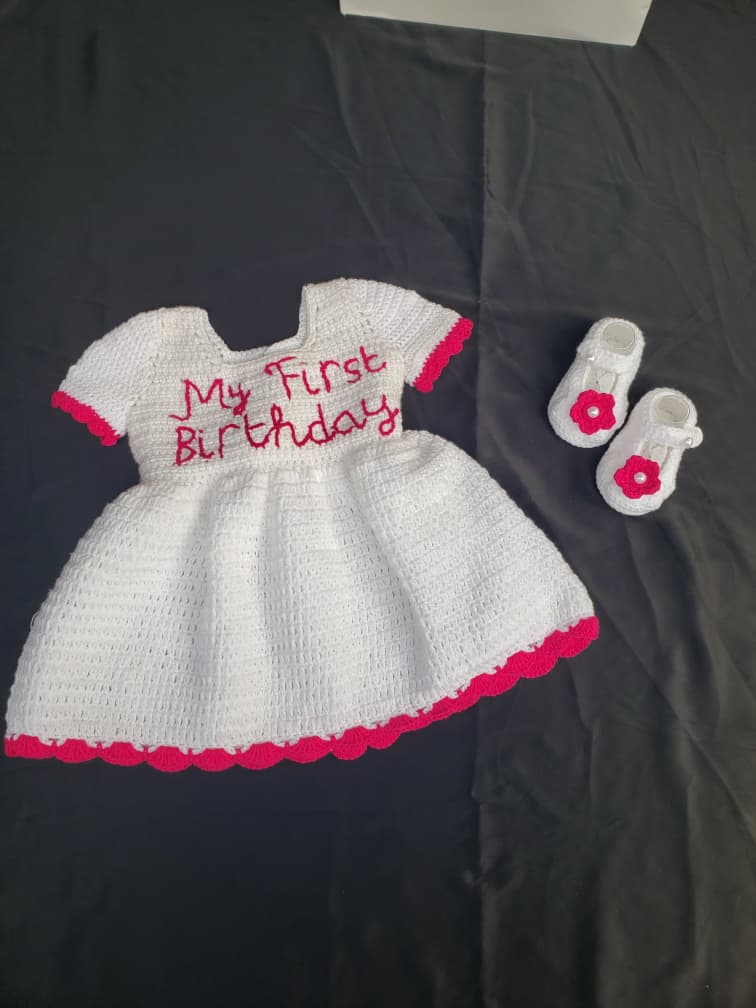 My First Birthday Crochet Dress Set with Matching Booties – Elegant Handmade Celebration Outfit