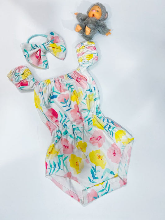 Elegant Floral Baby Romper with Matching Headband – 100% Cotton, Soft & Breathable, Handcrafted Comfort for Little Ones