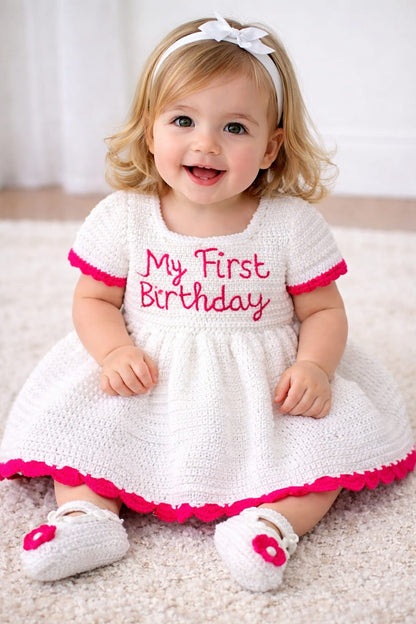 My First Birthday Crochet Dress Set – Handmade Girls Birthday Outfit